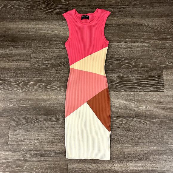 MINKPINK Vita Knit Colorblock Ribbed Midi Dress Pink Multicolor Sleeveless Large - Picture 4 of 15